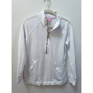 Lilly Pulitzer Womens Medium White Half-Zip Pullover With Gold Palm Zipper Charm